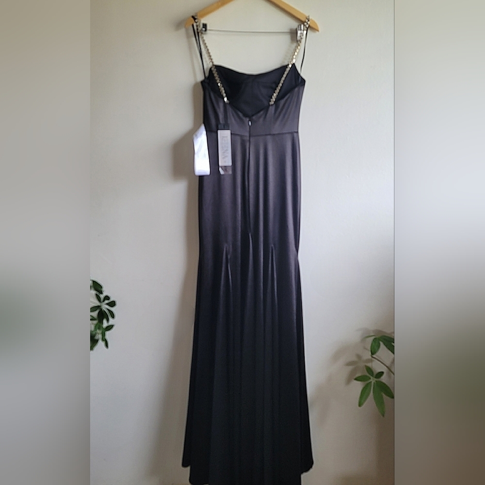 Mac Duggal Black Satin Gown with Embellished Straps - Picture 6 of 16